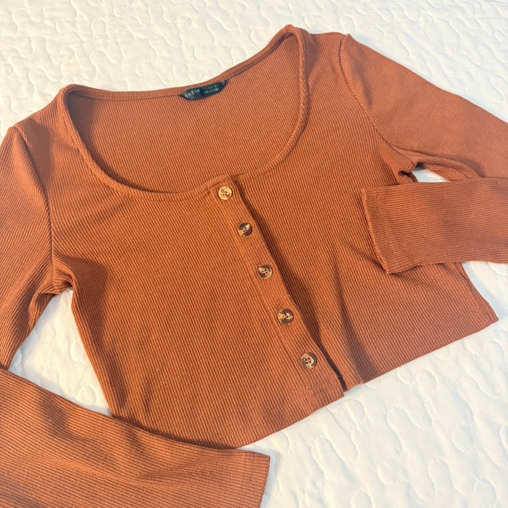 Women Small Crop Top Rust Orange Ribbed Button Front Long Sleeve Pumpkin